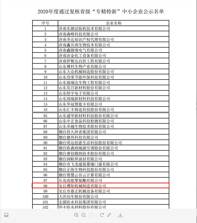 祝賀博陽機(jī)械被評(píng)為2020年度省級(jí)“專精特新”中小企業(yè)